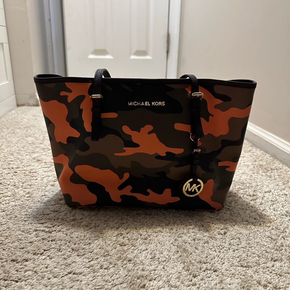 Michael Kors Orange and Black Camouflage Tote